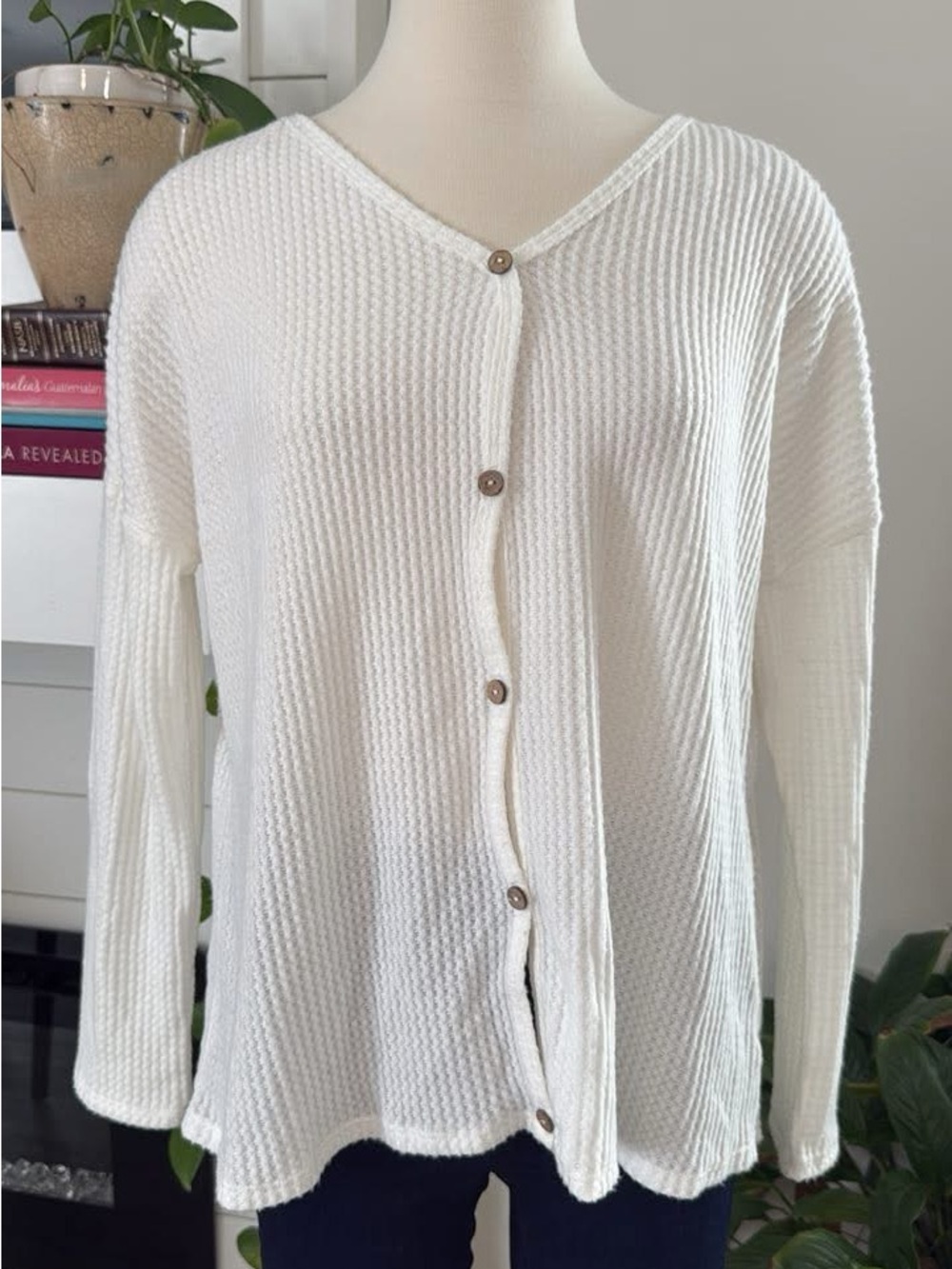 Paper Crane Cream Button-Front Ribbed Knit Cardigan